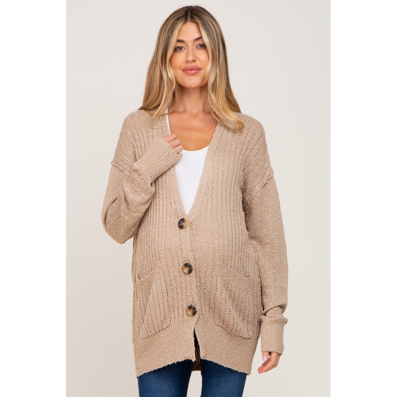 Beige Oversized Textured Knit Maternity Cardigan