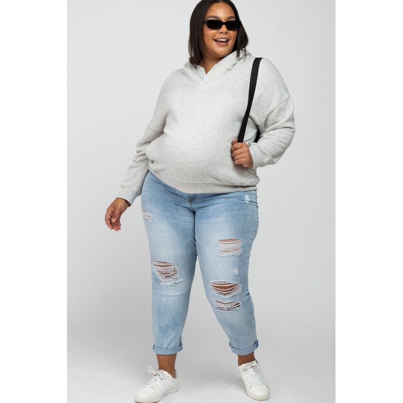 Beige Side Pocket Hooded Maternity Plus Sweatshirt
