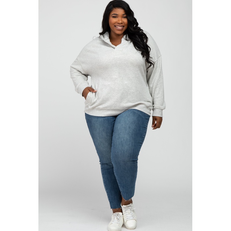 Beige Side Pocket Hooded Plus Sweatshirt