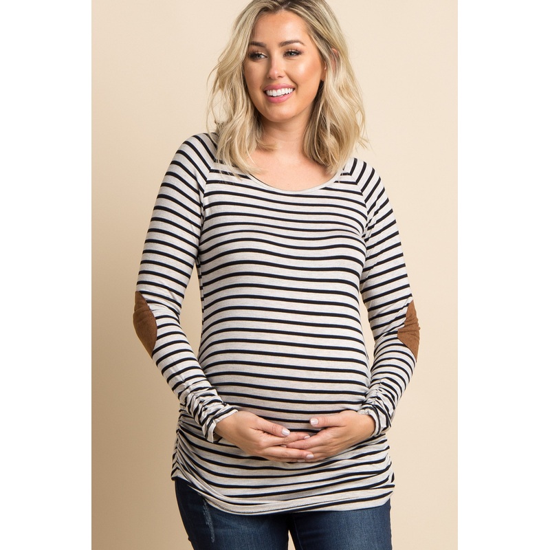 Beige Striped Suede Elbow Patch Maternity Top