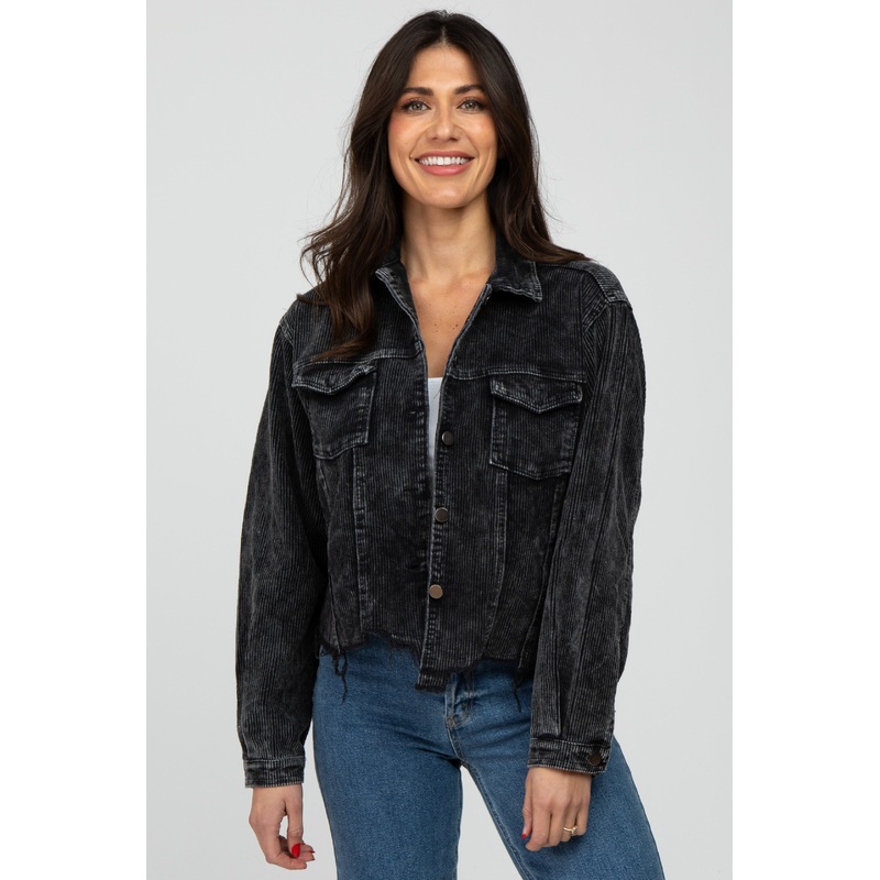 Black Corduroy Distressed Hem Cropped Jacket