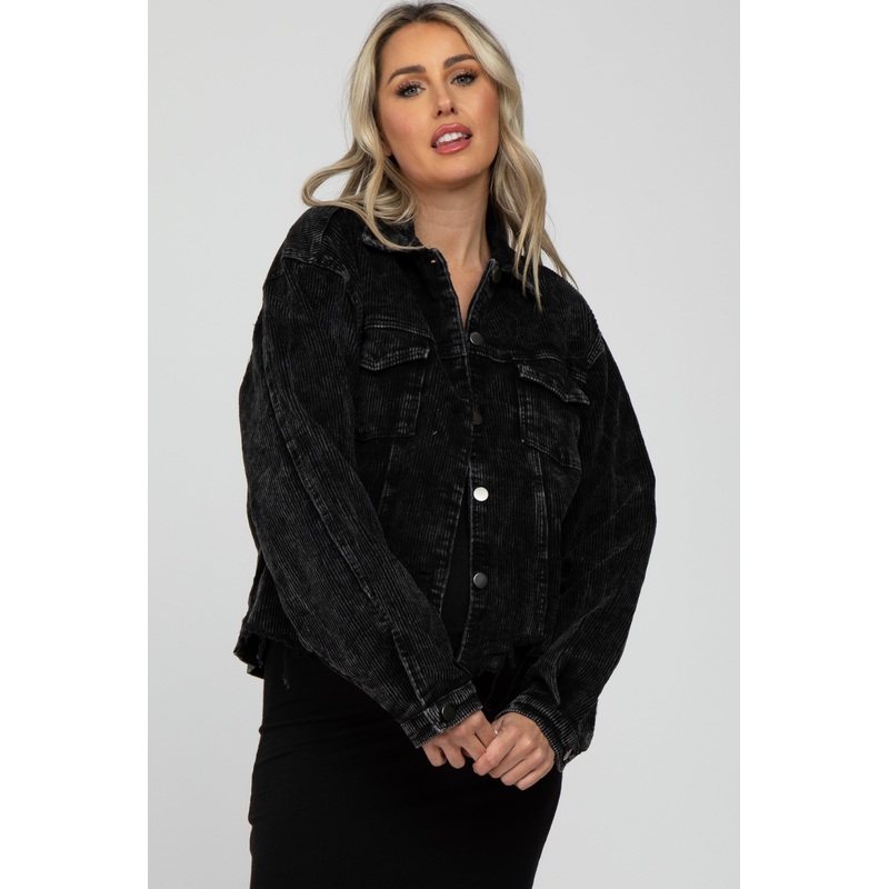 Black Corduroy Distressed Hem Cropped Maternity Jacket