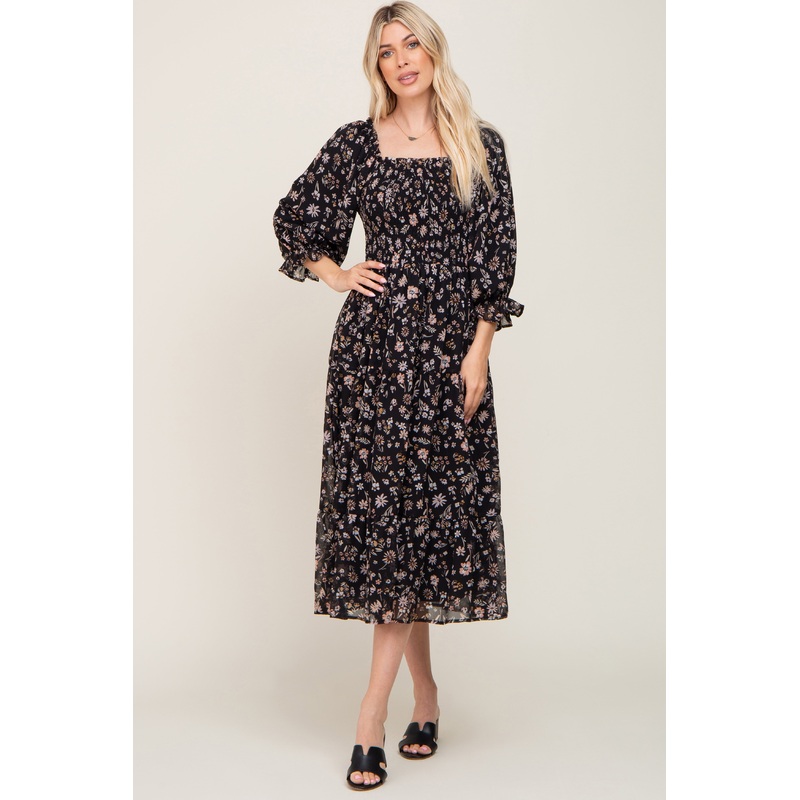 Black Floral 3/4 Sleeve Ruffle Midi Dress