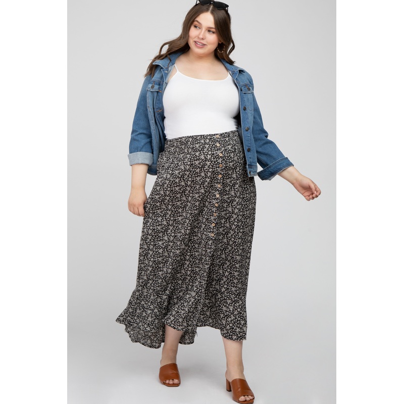 Black Floral Button Accent Hi-low Maternity Plus Skirt
