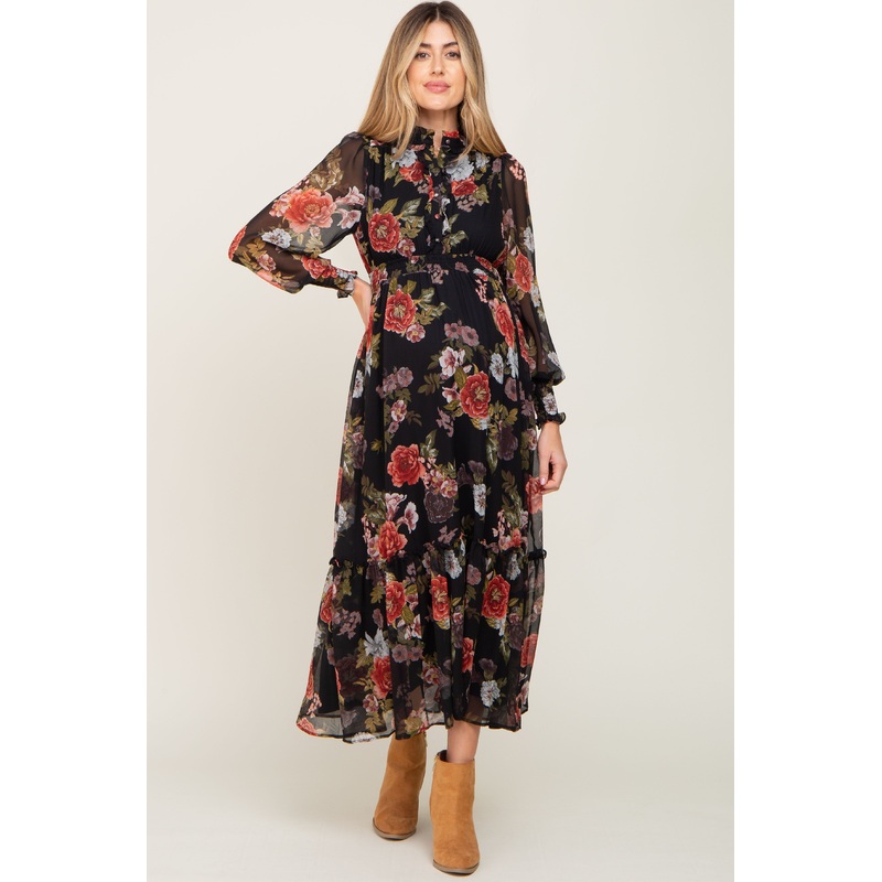 Black Floral Chiffon Ruffle Accent Maternity Dress
