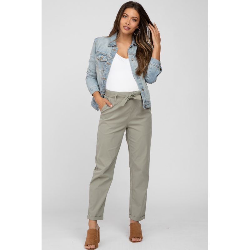Light Olive Waist Tie Cuffed Maternity Pants