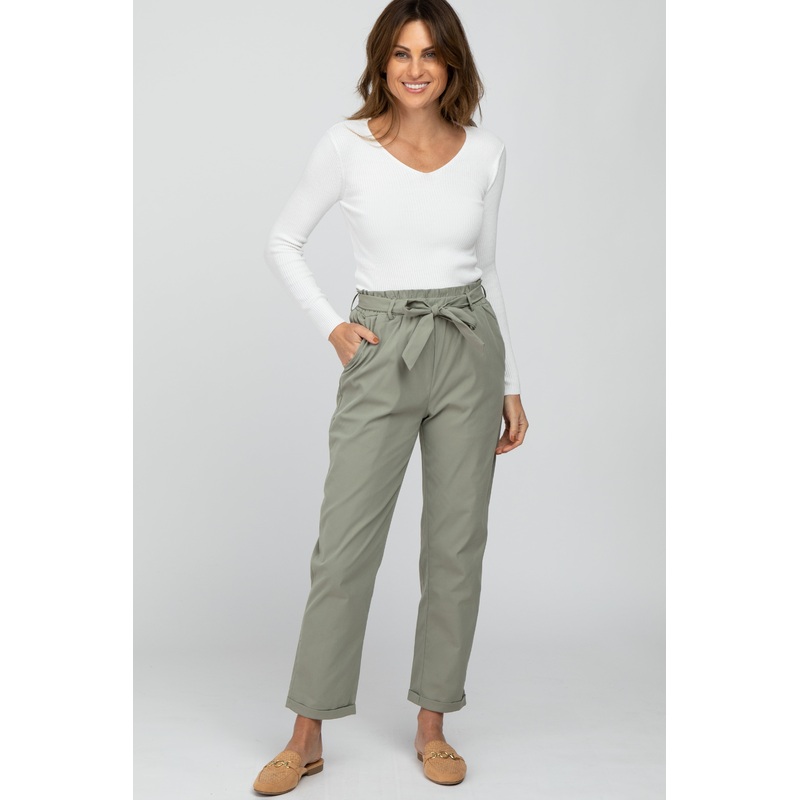 Light Olive Waist Tie Cuffed Pants