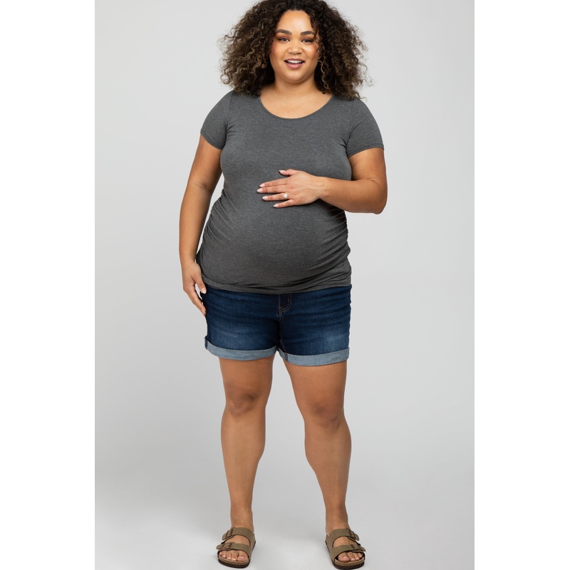 Navy Blue Cuffed Hem Maternity Plus Denim Shorts