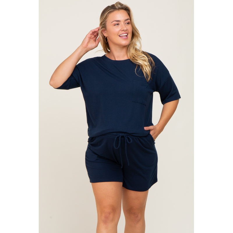 Navy Pocket Front Maternity Plus Pajama Short Set