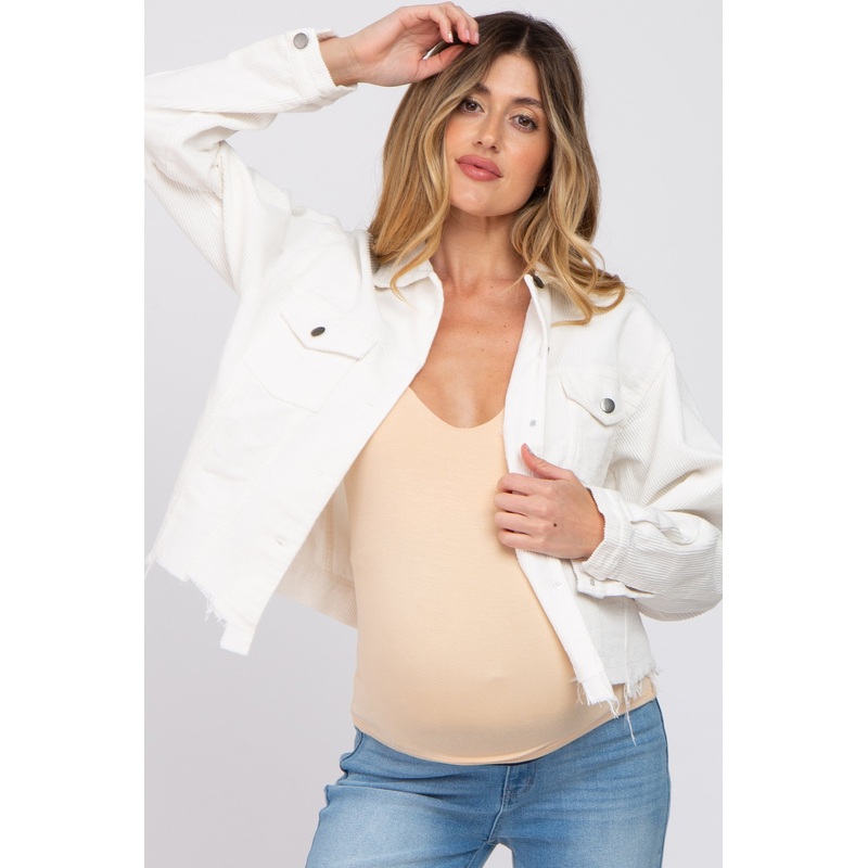 White Corduroy Distressed Hem Cropped Maternity Jacket