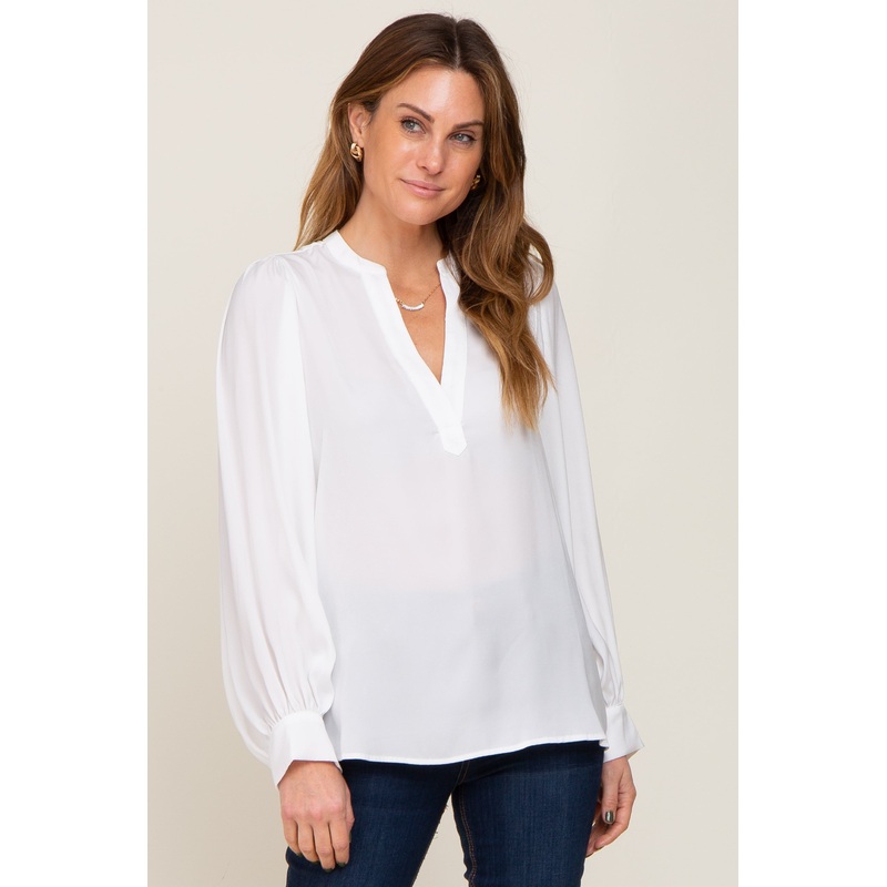 White Long Puff Sleeve Satin Blouse