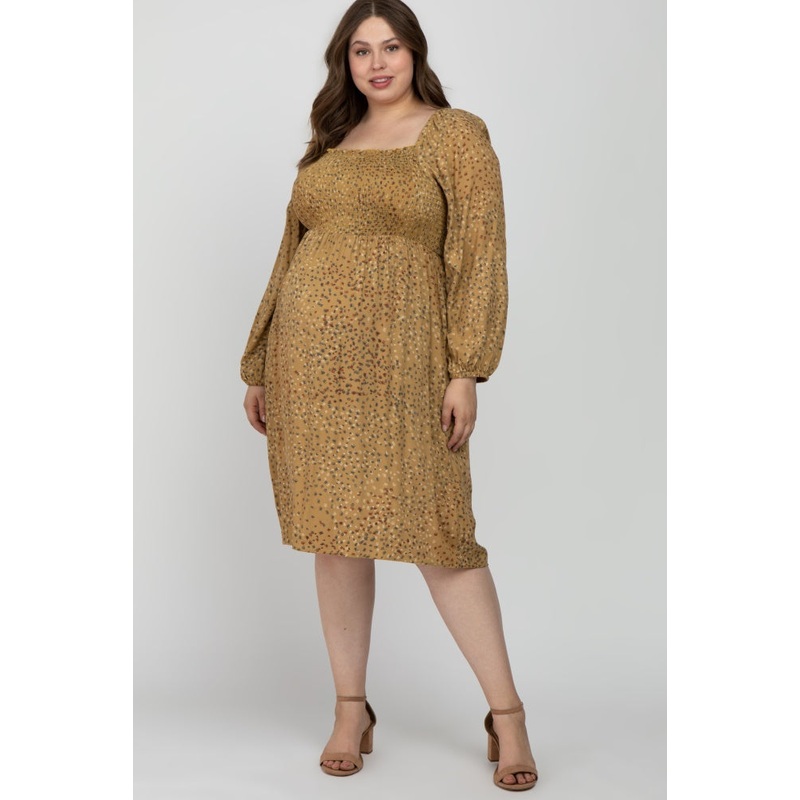Yellow Printed Smocked Long Sleeve Maternity Plus Dress