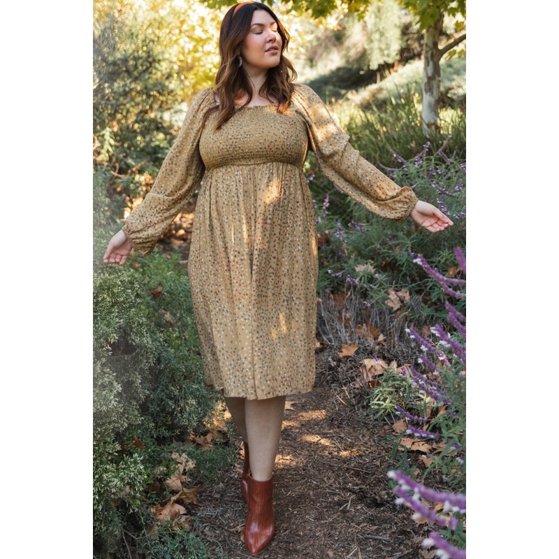 Yellow Printed Smocked Long Sleeve Plus Dress