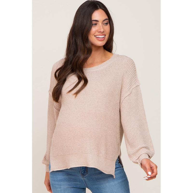Beige Basic Side Slit Maternity Sweater