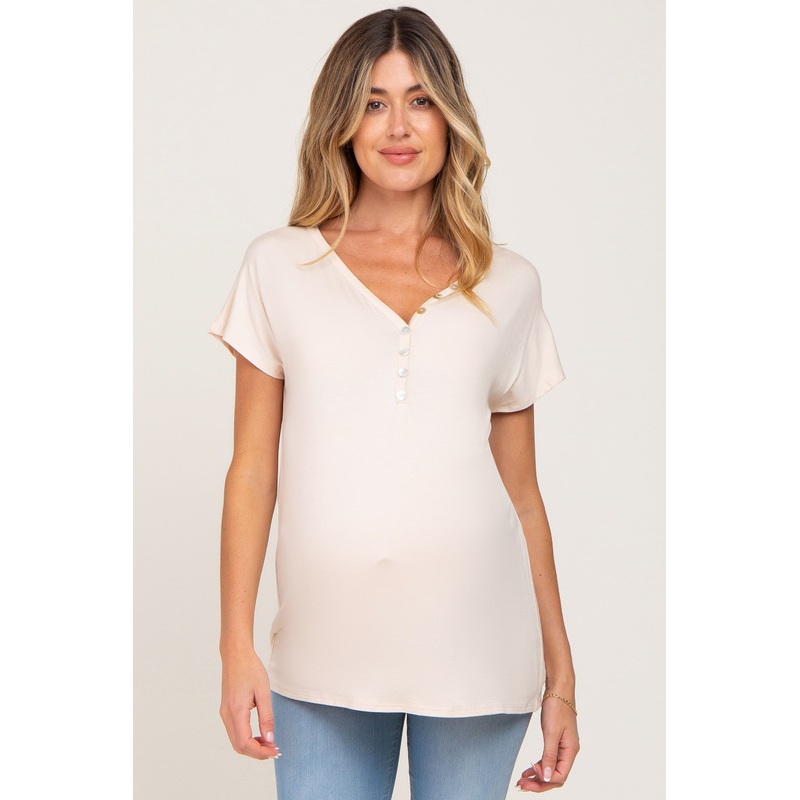 Beige Button V-Neck Maternity Short Sleeve Top