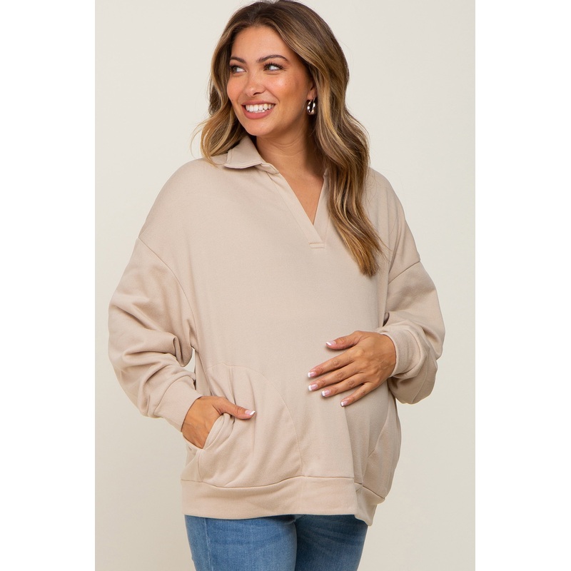 Beige Collared Pullover Maternity Sweater