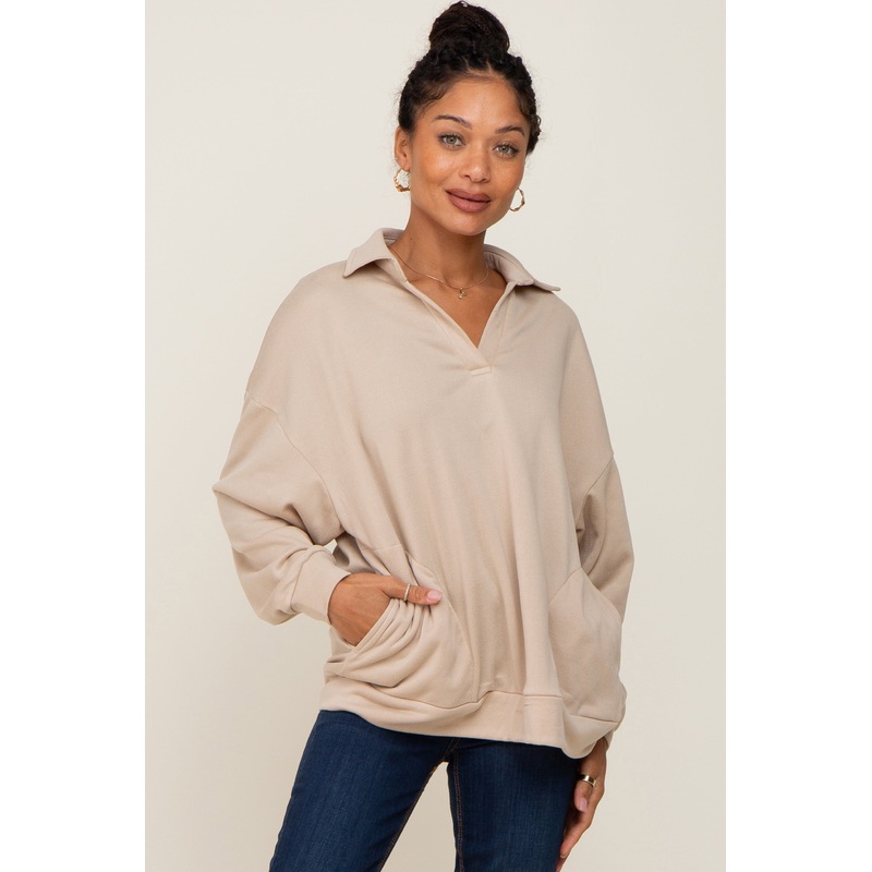 Beige Collared Pullover Sweater