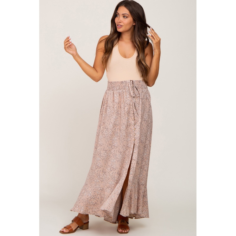 Beige Floral Button Front Smocked Waist Maternity Maxi Skirt