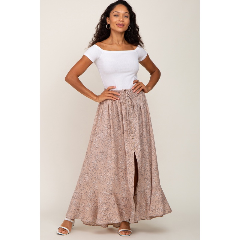 Beige Floral Button Front Smocked Waist Maxi Skirt
