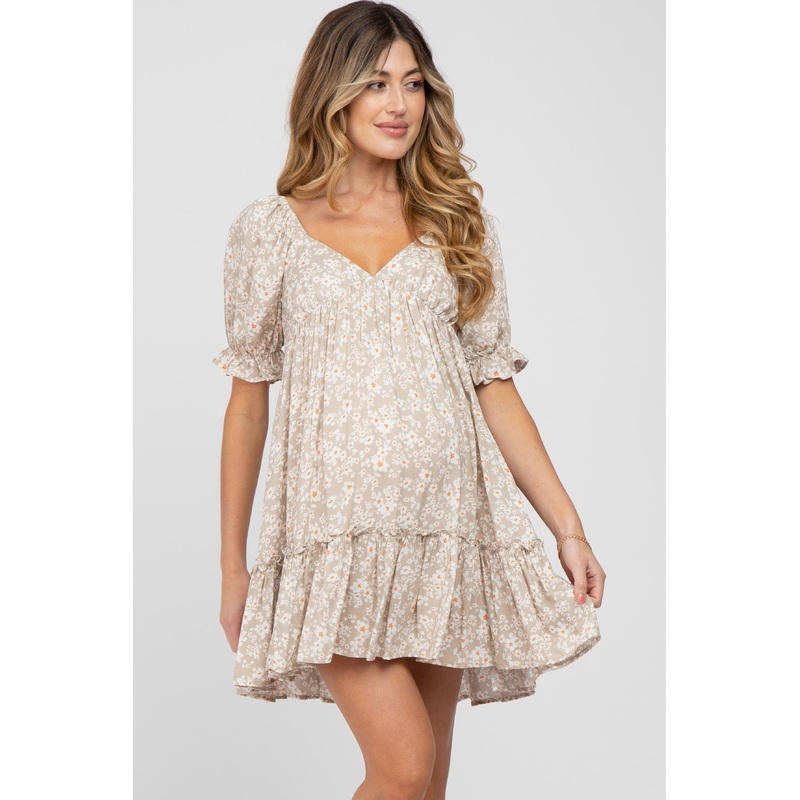 Beige Floral Ruffle Accent Maternity Mini Dress