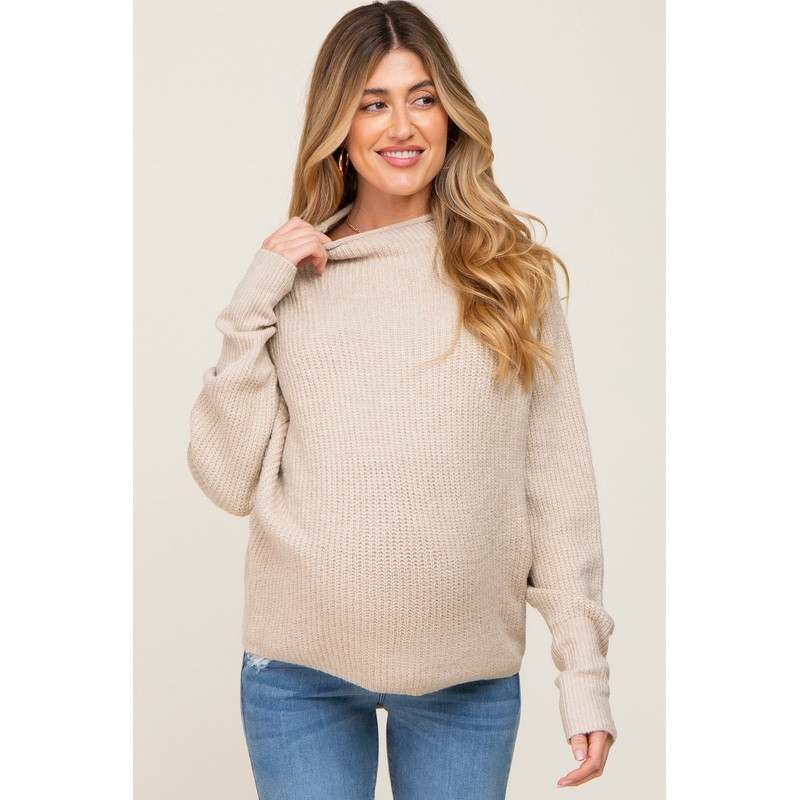 Beige Knit Mock Neck Long Sleeve Maternity Sweater
