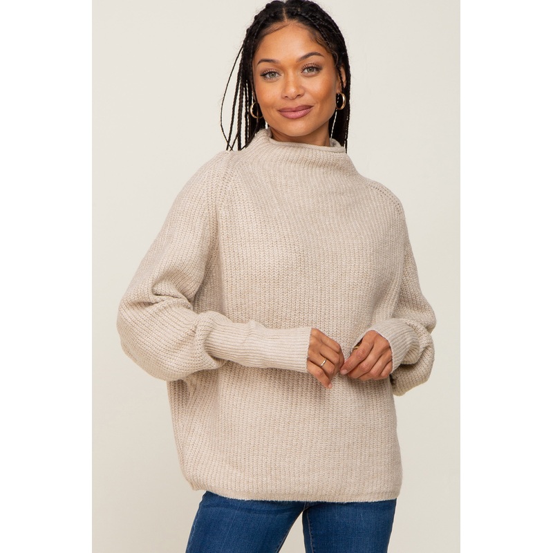 Beige Knit Mock Neck Long Sleeve Sweater