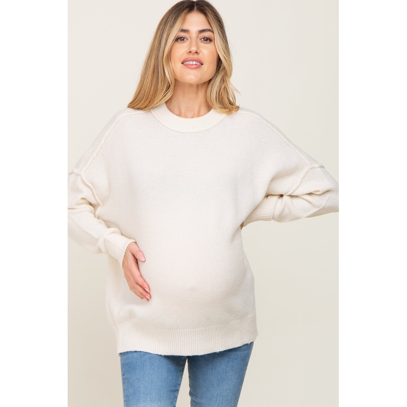 Beige Soft Knit Pullover Maternity Sweater