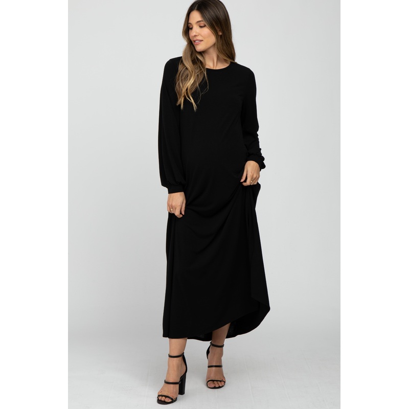 Black Basic Long Sleeve Maternity Maxi Dress