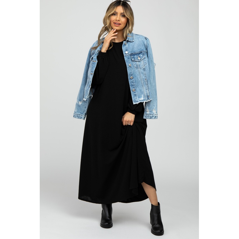 Black Basic Long Sleeve Maxi Dress