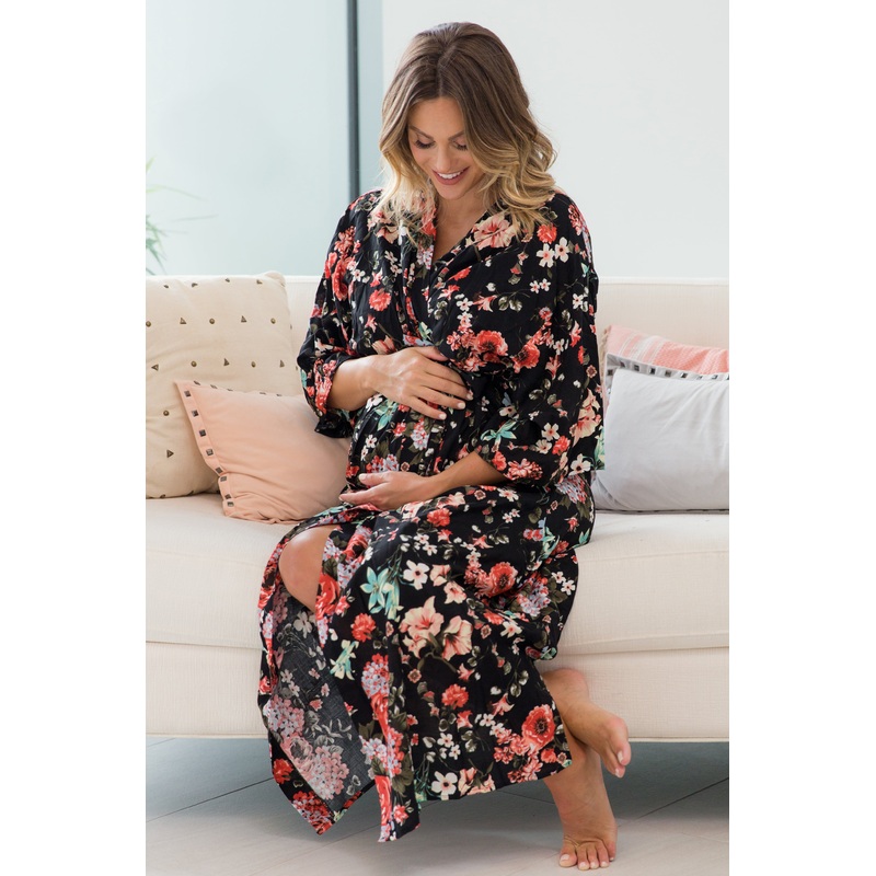 Black Floral Delivery/Nursing Long Maternity Robe