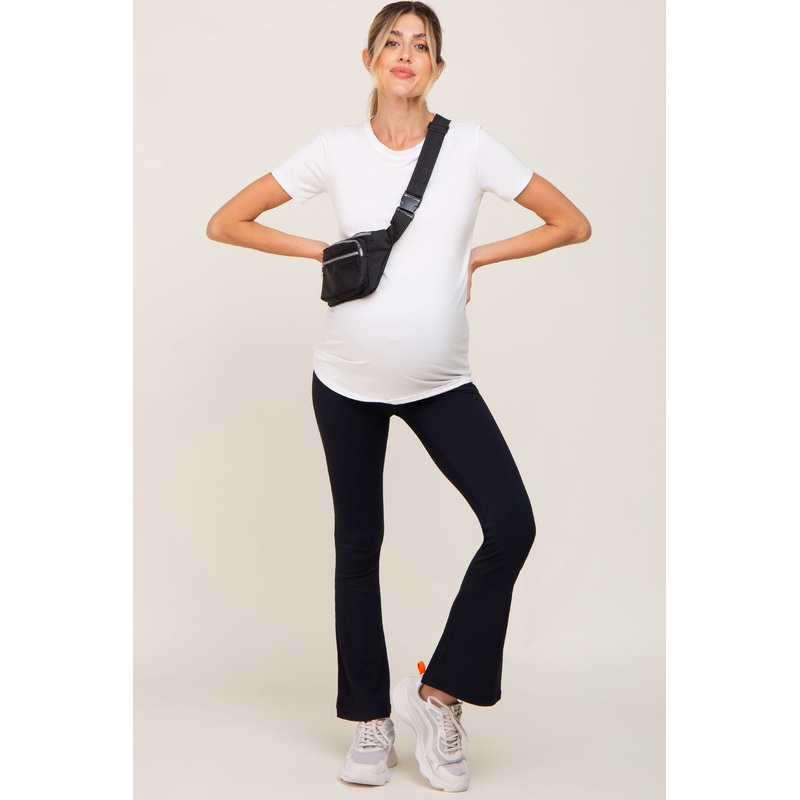 Black Ribbed Maternity Flared Active Leggings