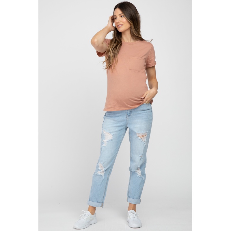 Light Blue Distressed Cuffed Straight Leg Maternity Jeans