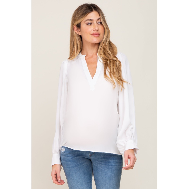 White Long Puff Sleeve Satin Maternity Blouse