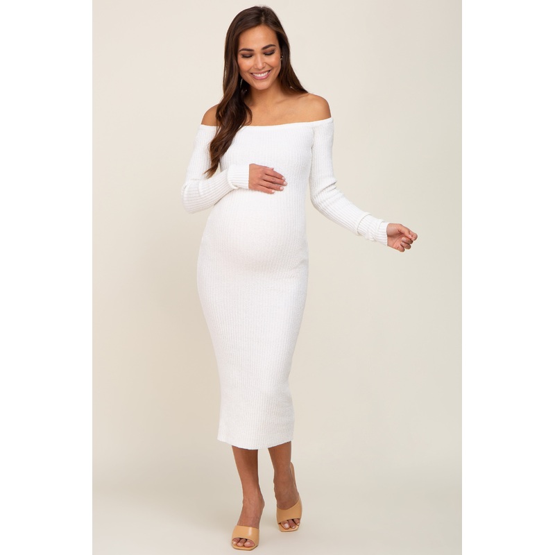 White Ribbed Off Shoulder Long Sleeve Maternity Midi Dress
