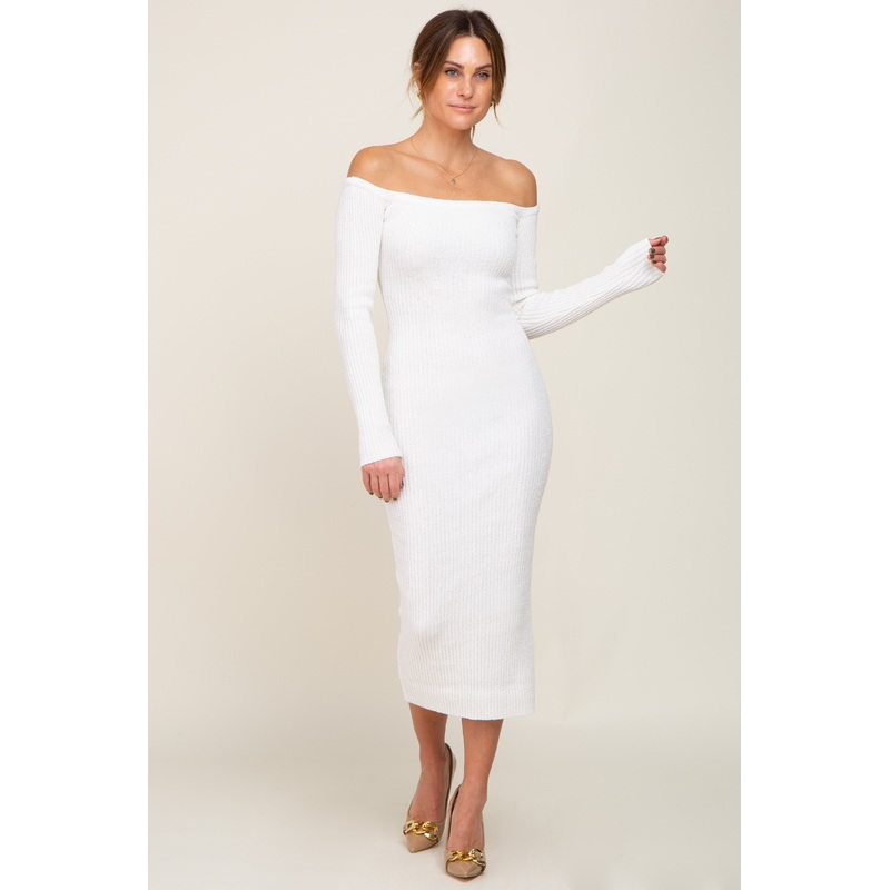 White Ribbed Off Shoulder Long Sleeve Midi Dress