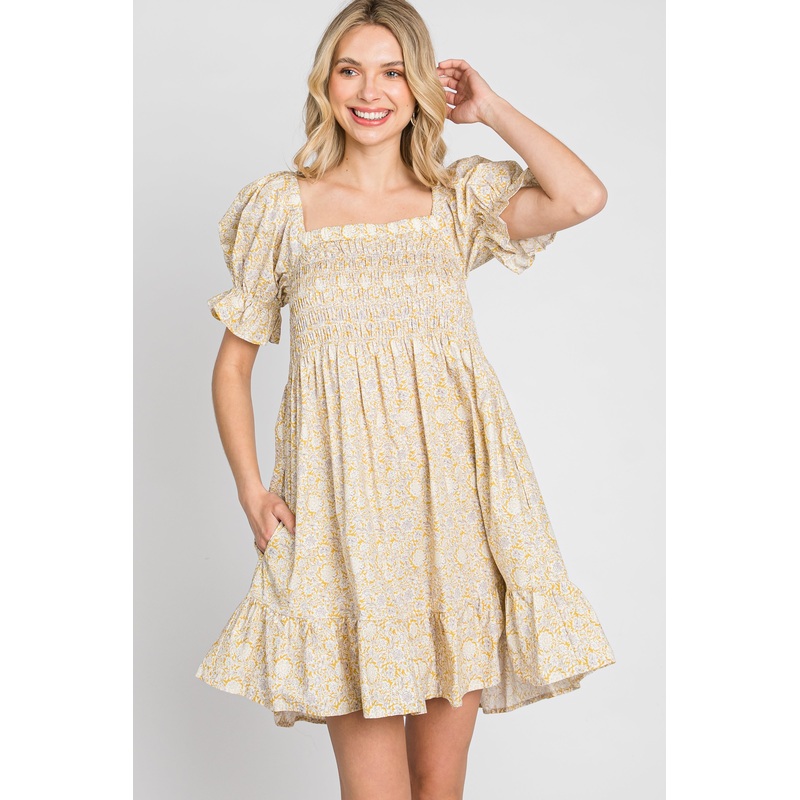 Yellow Floral Square Neck Smocked Ruffle Hem Dress