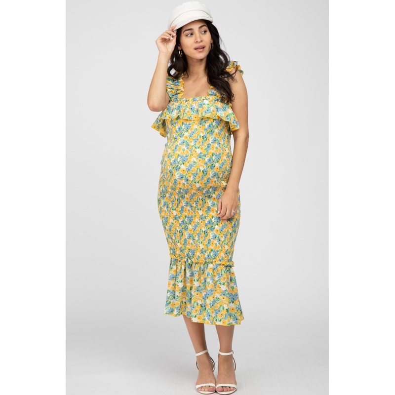 Yellow Multi Color Floral Smocked Fitted Maternity Midi Dress