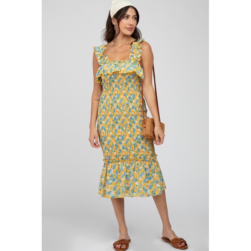 Yellow Multi Color Floral Smocked Fitted Midi Dress