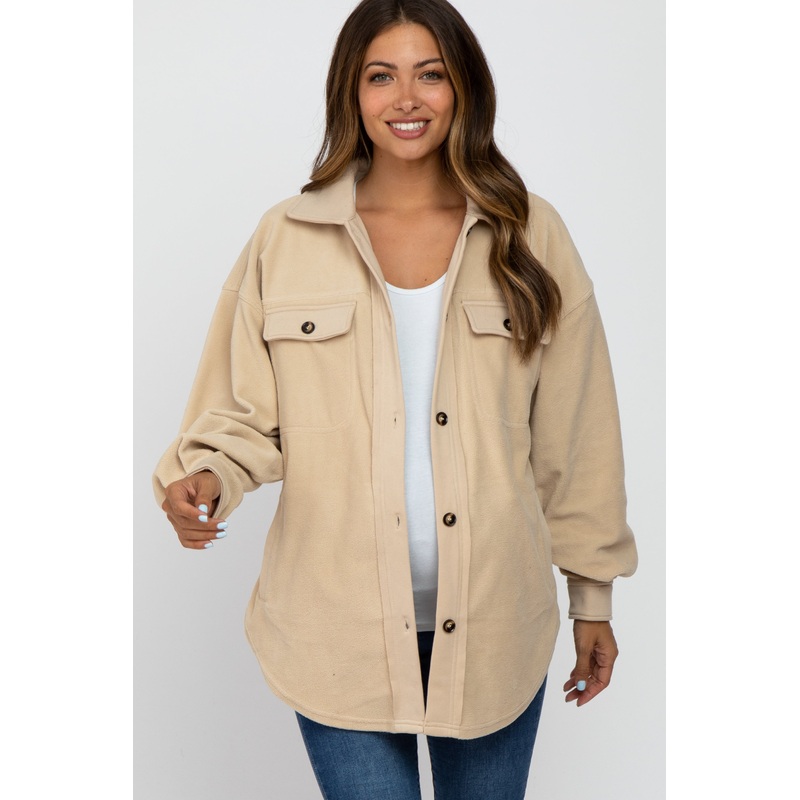 Beige Fleece Button Down Oversized Maternity Jacket