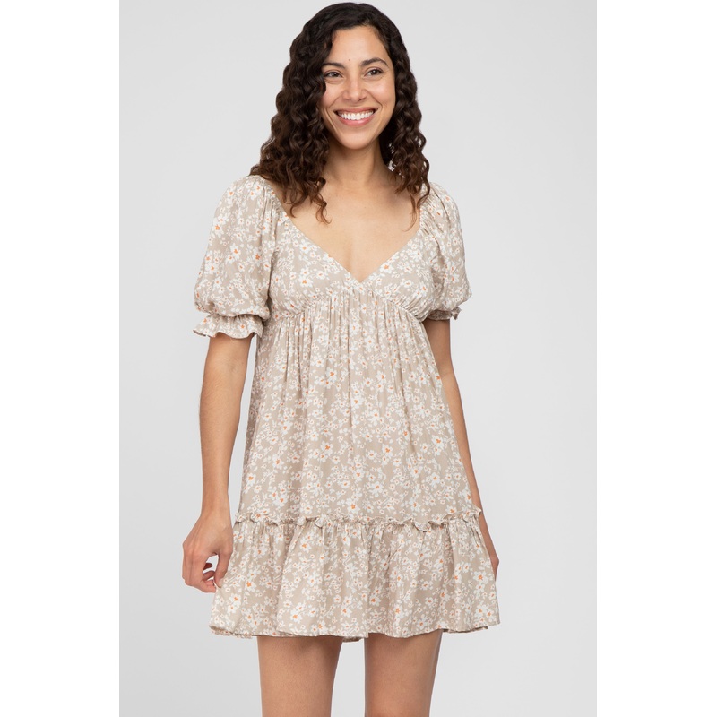Beige Floral Ruffle Accent Mini Dress