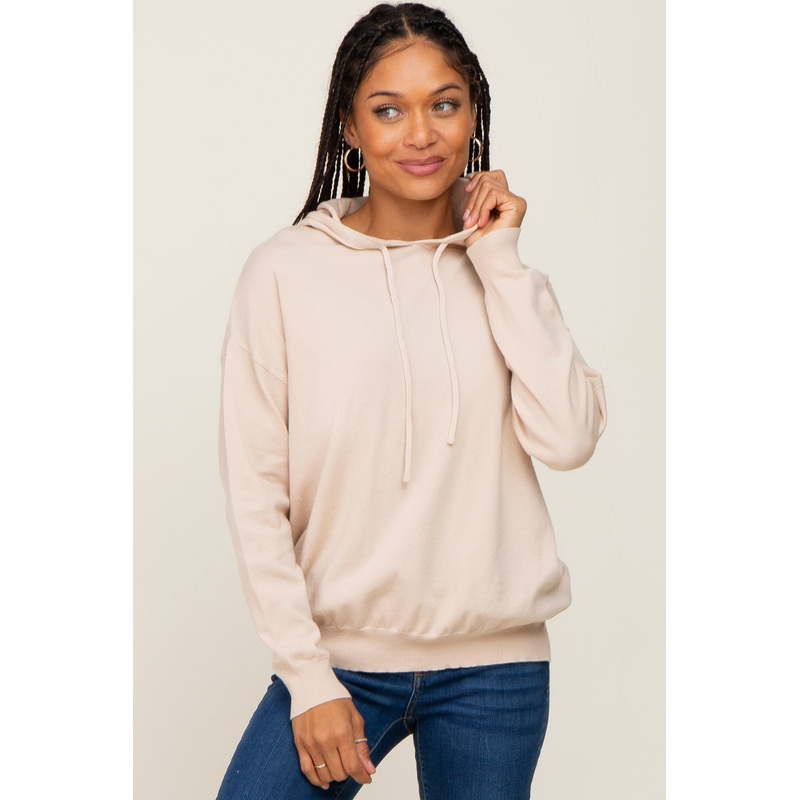 Beige Knit Hooded Long Sleeve Top