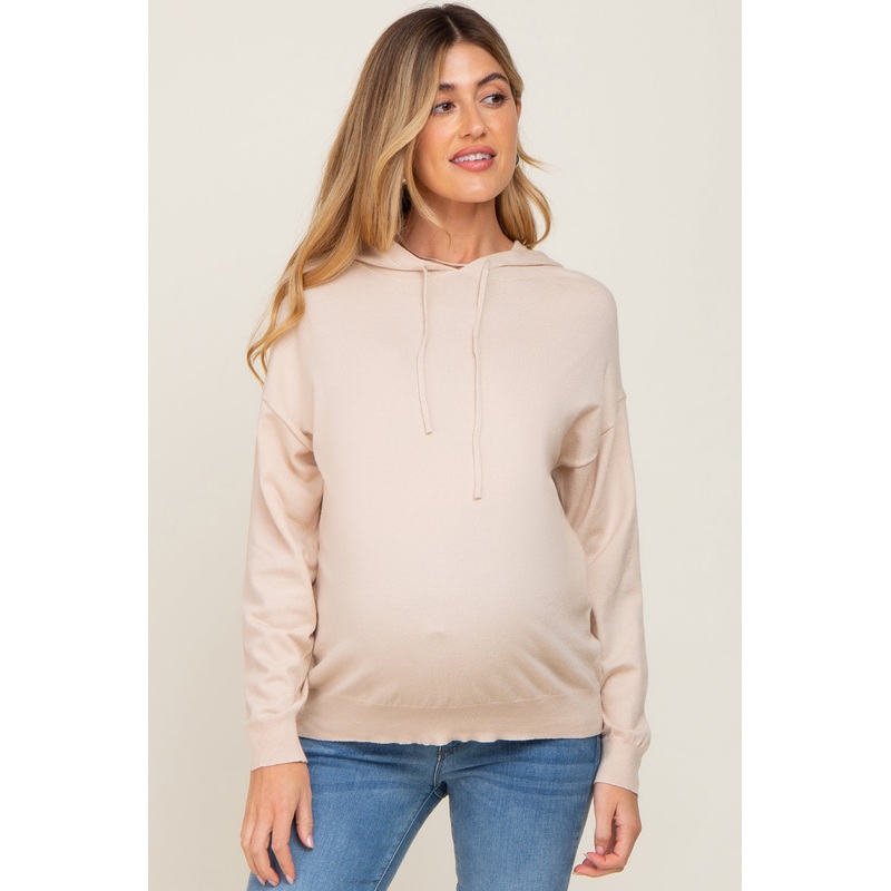 Beige Knit Maternity Hooded Long Sleeve Top