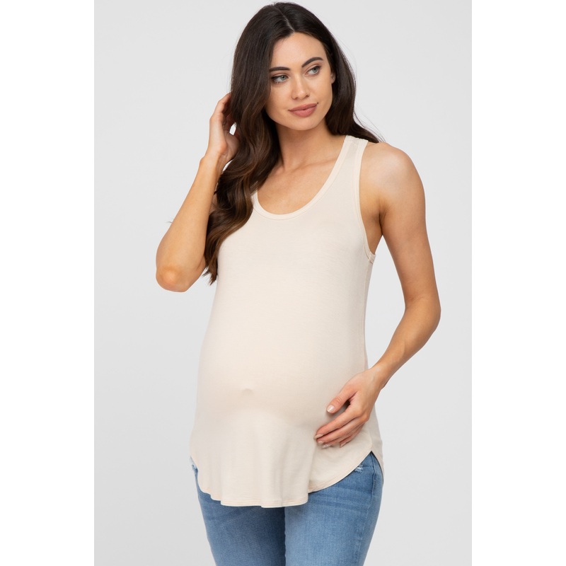 Beige Racerback Curved Hem Maternity Tank Top
