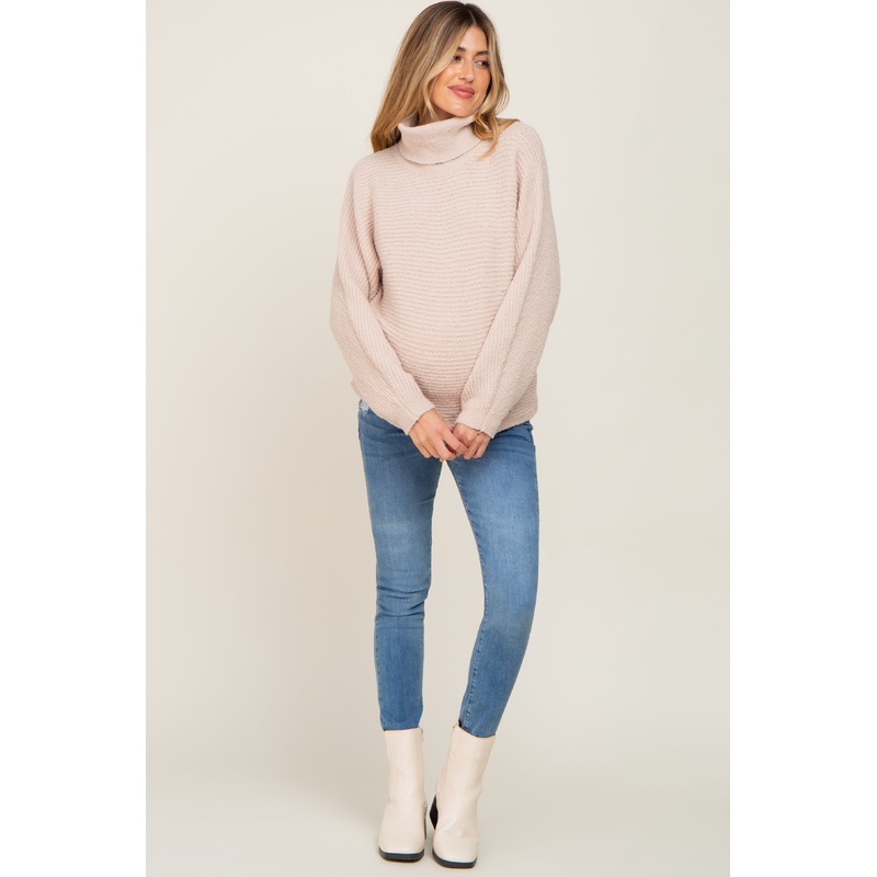 Beige Ribbed Turtleneck Cropped Maternity Sweater