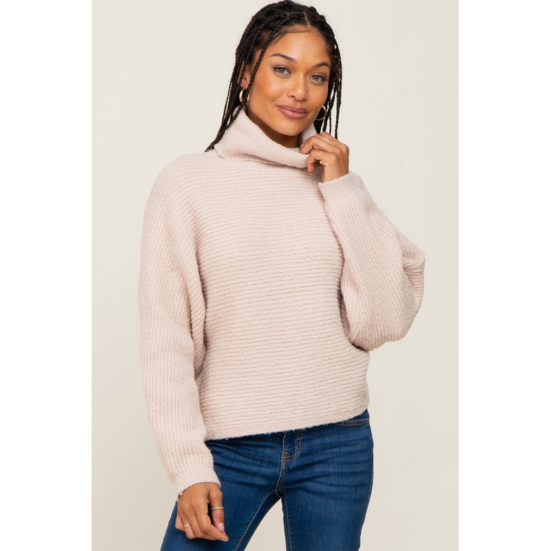 Beige Ribbed Turtleneck Cropped Sweater