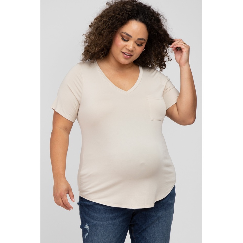 Beige Ribbed V-Neck Short Sleeve Plus Maternity Top