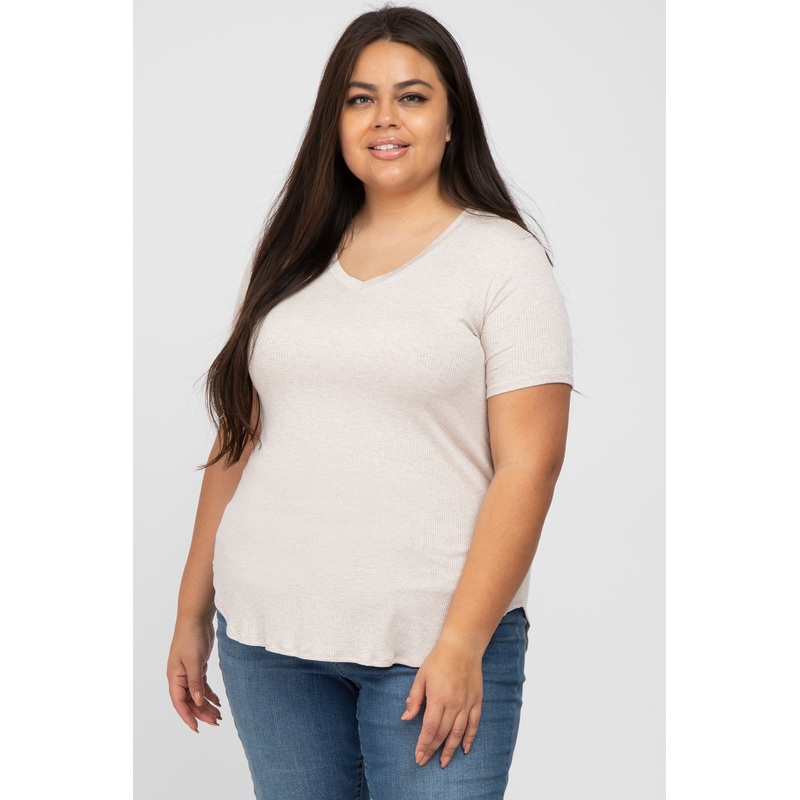 Beige Ribbed V-Neck Short Sleeve Plus Top