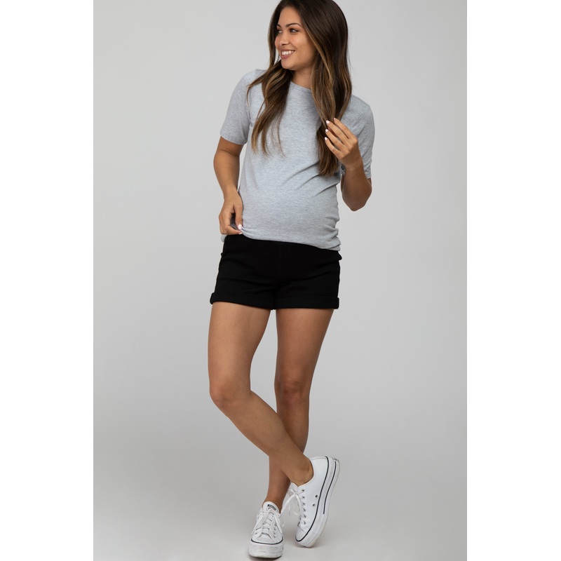 Black Cuffed Maternity Jean Shorts