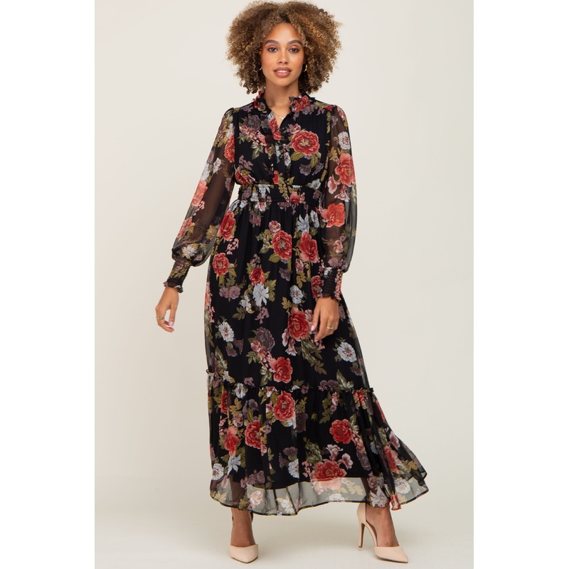 Black Floral Chiffon Ruffle Accent Dress