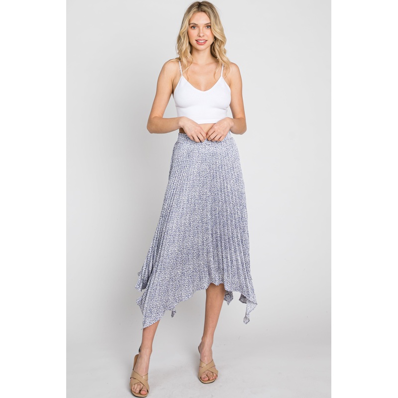 Blue Ditsy Floral Pleated Handkerchief Skirt